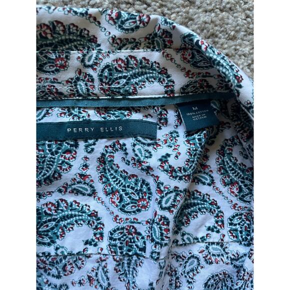 Perry Ellis Mens/Teen White Button-Down Shirt Sz Medium Green and Red Paisley - Picture 9 of 10